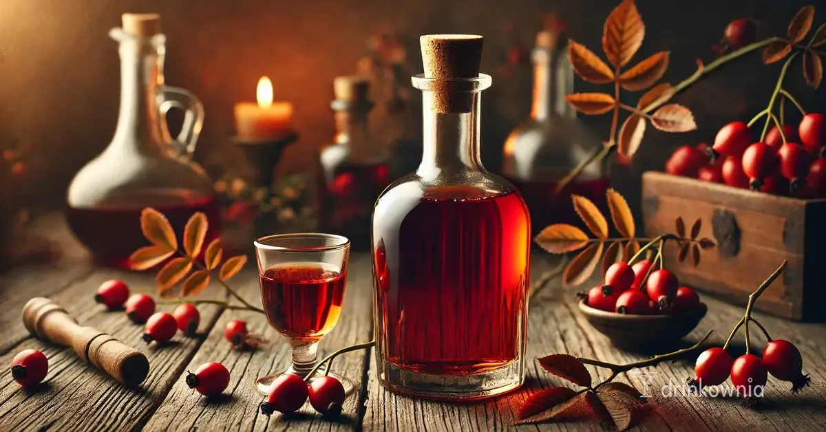 Domowa nalewka z dzikiej róży w szklanej butelce, otoczona owocami dzikiej róży. Ciepłe światło, rustykalny klimat.