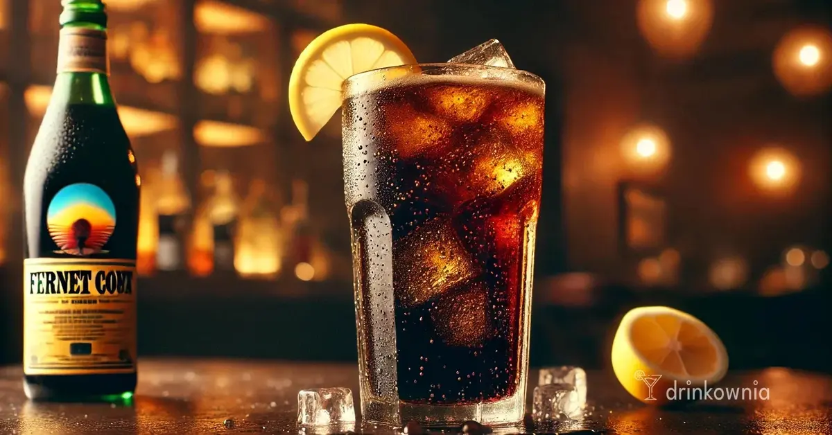Fernet con Coca w wysokiej szklance z lodem i cytryną, ciemny, ziołowy i orzeźwiający drink popularny w Argentynie.