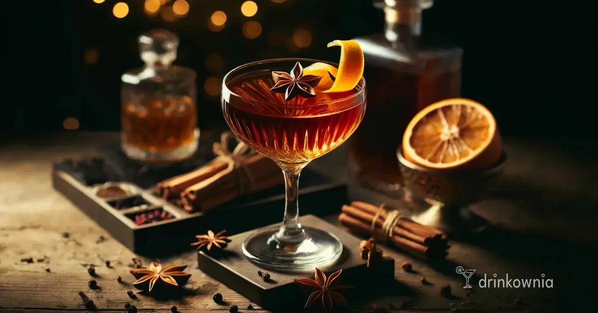 Zimowy Manhattan w kieliszku coupe, ozdobiony skórką pomarańczy i anyżem, na drewnianym blacie z cynamonem i bittersami.