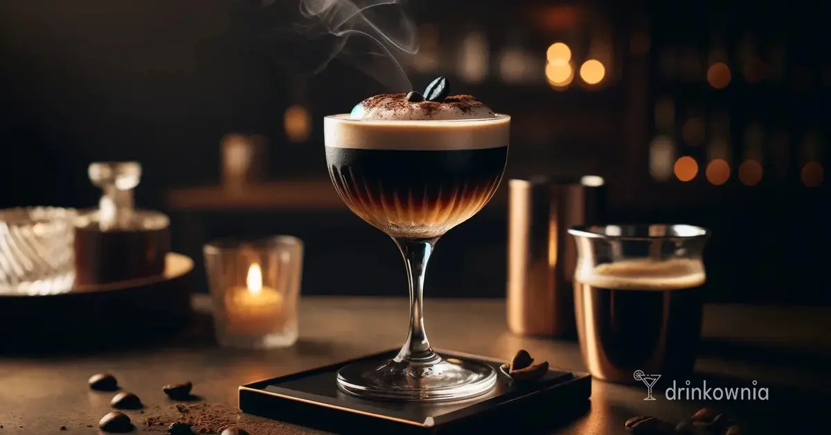 Drink Midnight Mocha w kieliszku coupe, z czekoladową pianką i ziarnem kawy, w klimatycznym barze z ciepłym oświetleniem