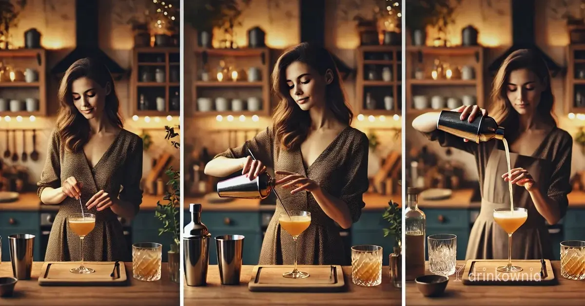 Kobieta w domowej kuchni przygotowuje drink, mieszając, wstrząsając i przelewając drinka. Podstawowe techniki barmańskie