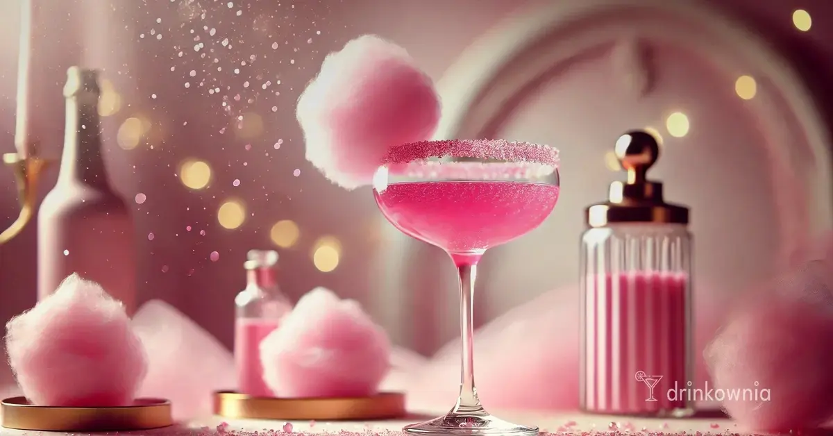 Różowy koktajl w kieliszku coupe z watą cukrową, cukrową krawędzią i błyszczącą, pastelową scenerią.