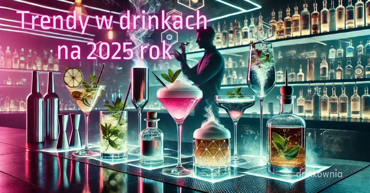 Nowoczesny bar z neonowym oświetleniem, prezentujący innowacyjne koktajle: warstwowe, kombucha-based i molekularne