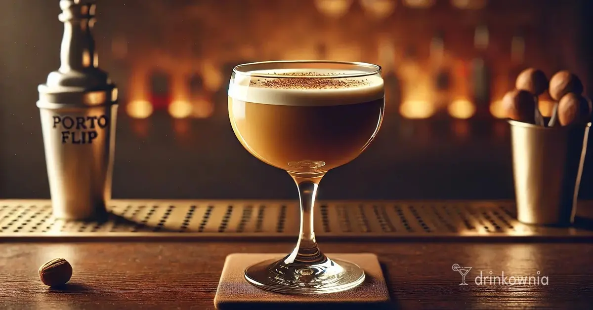 Drink Porto Flip w eleganckim kieliszku coupe, kremowy drink z porto i brandy, udekorowany gałką muszkatołową.