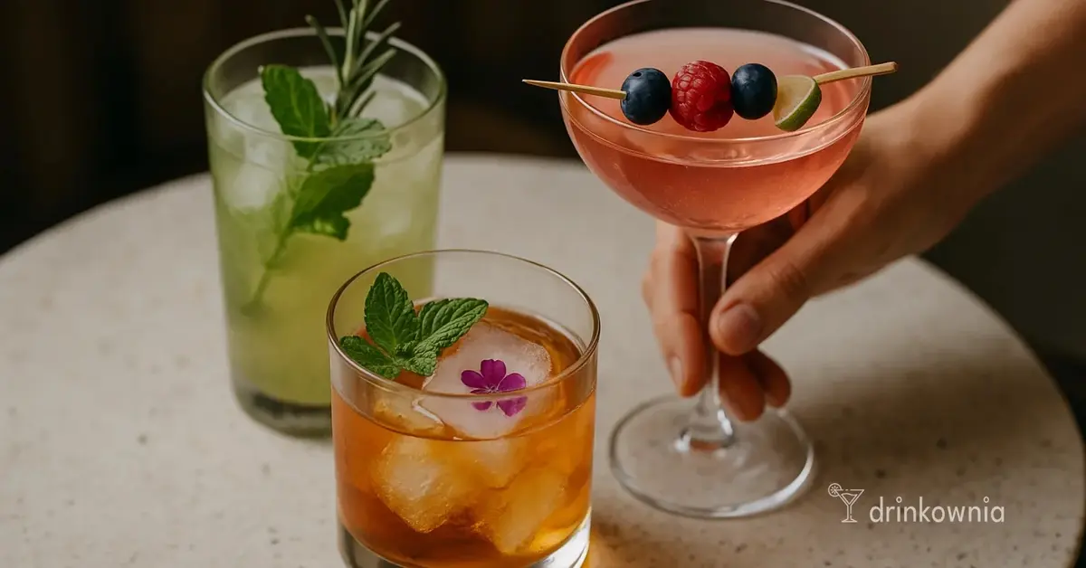 Trzy efektowne drinki z dekoracjami: zioła, owoce na patyczku i lód z kwiatem – pomysły na ozdabianie drinków.
