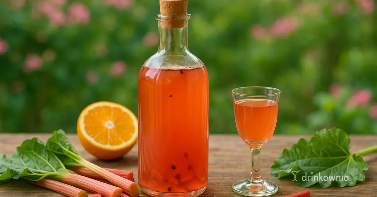 Butelka nalewki rabarbarowo-pomarańczowej z goździkami na tle wiosennego ogrodu, obok świeży rabarbar i pomarańcza.