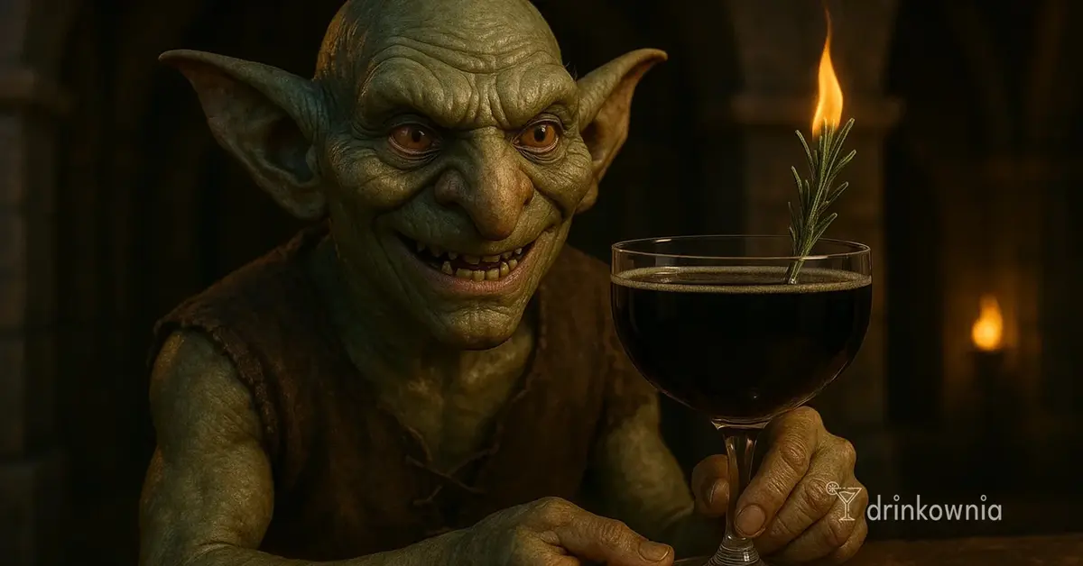 Goblin z Oblivion Remastered serwuje czarny drink z płonącym rozmarynem – klimatyczny koktajl fantasy dla graczy.