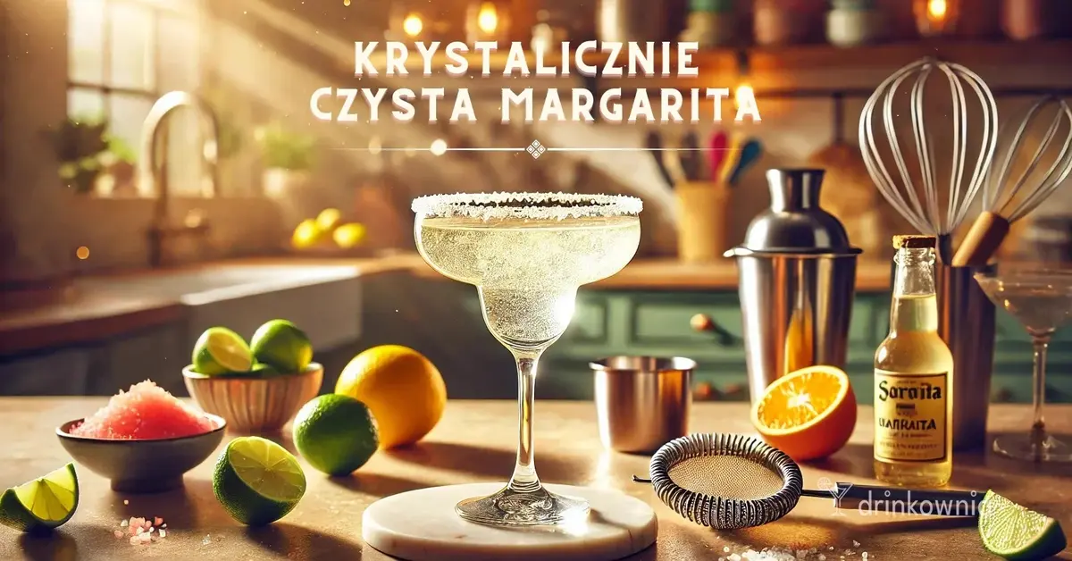 Klarowana Margarita w eleganckim kieliszku na kuchennym blacie, otoczona cytrusami i akcesoriami barmańskimi.