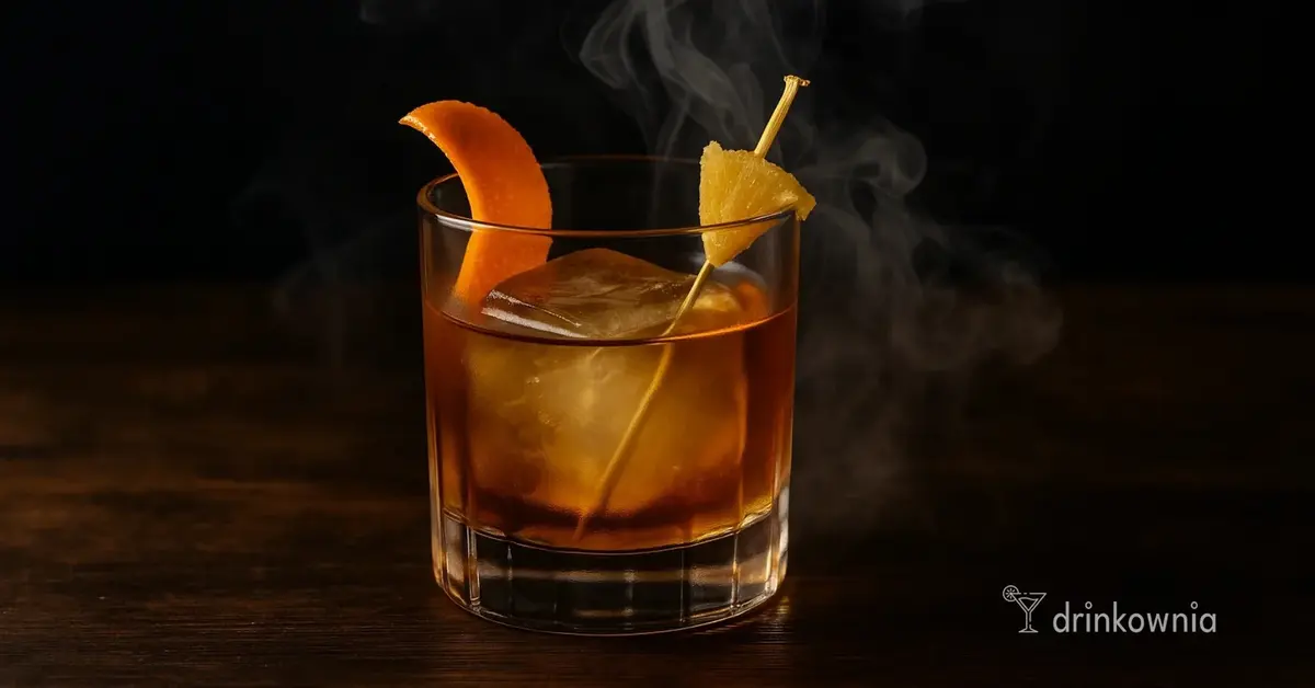 Wędzony Old Fashioned z bourbonem i syropem ananasowym, drink z dymem w szkle z lodem na ciemnym tle drewnianym.