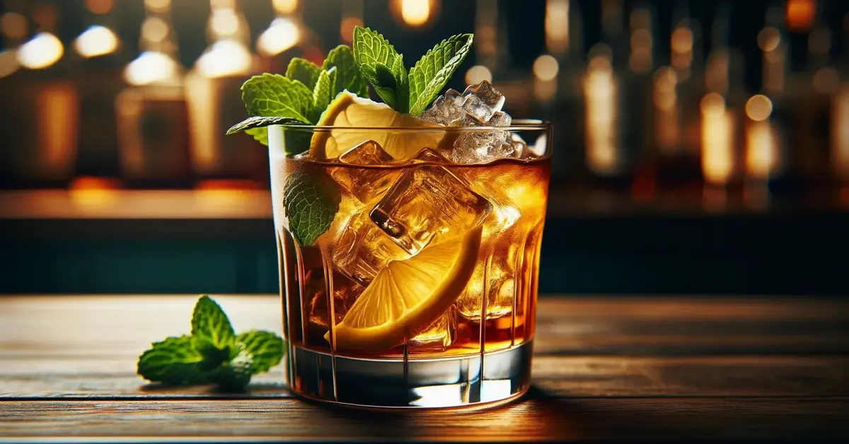 Zdjęcie przedstawia drink Whisky Smash, w szklance typu old-caban, z kostkami lodu, plasterkami cytryny i listkami mięty