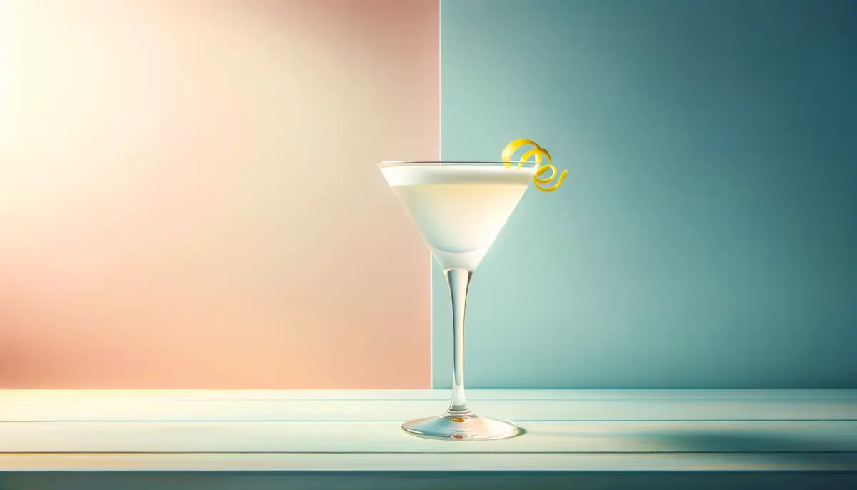 Zdjęcie prezentuje elegancki drink White Lady na bazie ginu, z aksamitną pianką, ozdobiony skórką cytryny.
