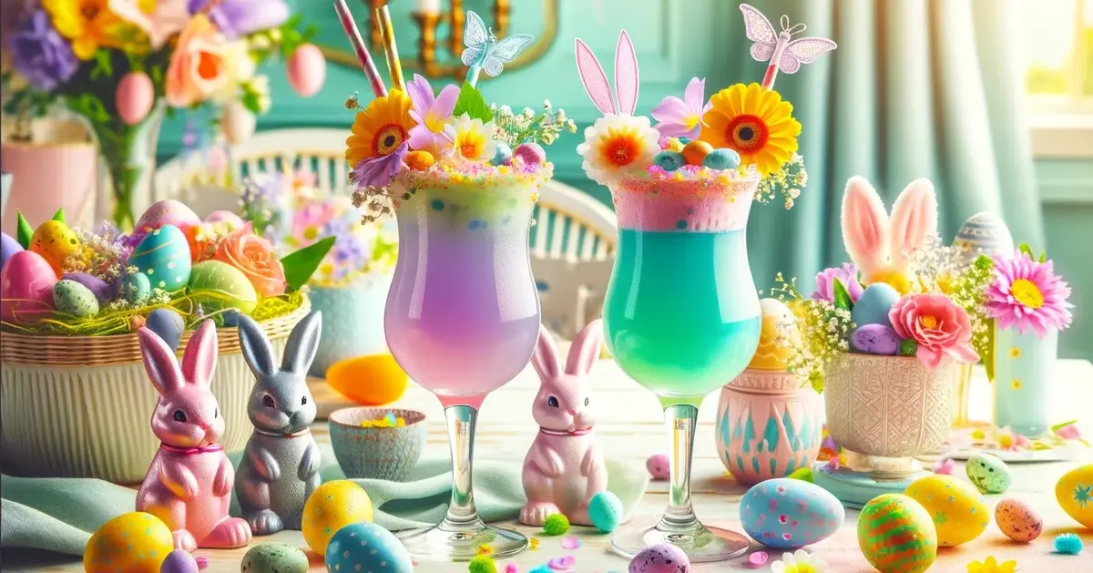 Zdjęcie przedstawia świąteczne drinki na wielkanocnym stole, pastelowe i wiosenne kolory oraz wielkanocne dekoracje.