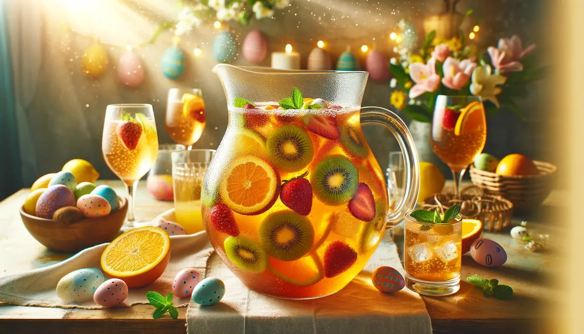 Wielkanocny bezalkoholowy poncz w szklanym dzbanku, z owocami, pomarańcze, truskawki, kiwi. idealny na świąteczny stół. 