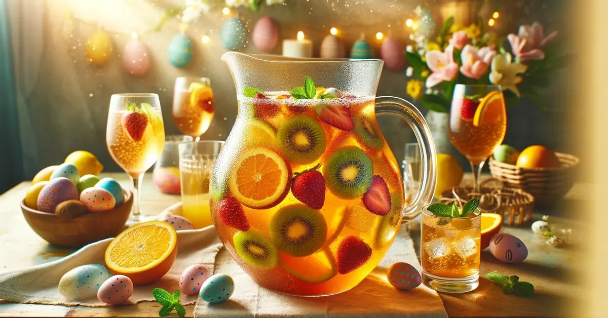 Wielkanocny bezalkoholowy poncz w szklanym dzbanku, z owocami, pomarańcze, truskawki, kiwi. idealny na świąteczny stół. 