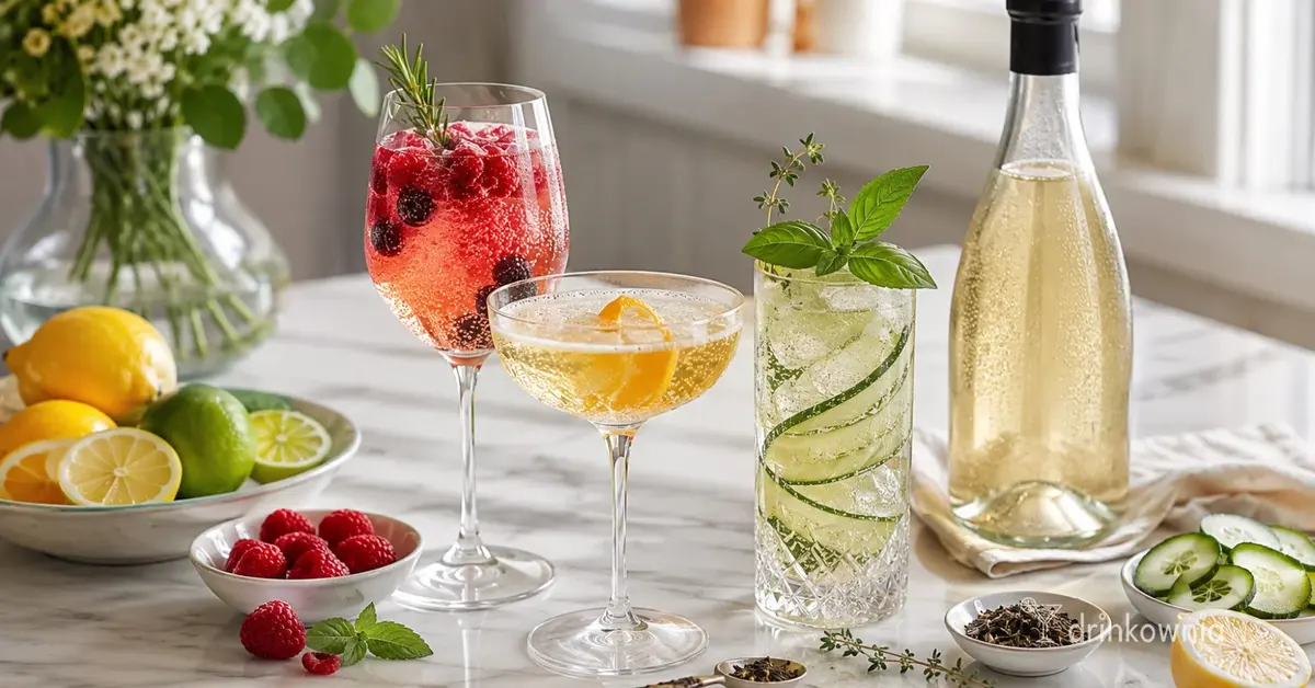 Trzy drinki z winem musującym 0% z malinami, cytrusami i ogórkiem obok schłodzonej butelki