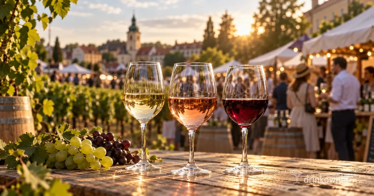 Trzy kieliszki białego, różowego i czerwonego wina na tle Winobrania i winnicy w Zielonej Górze