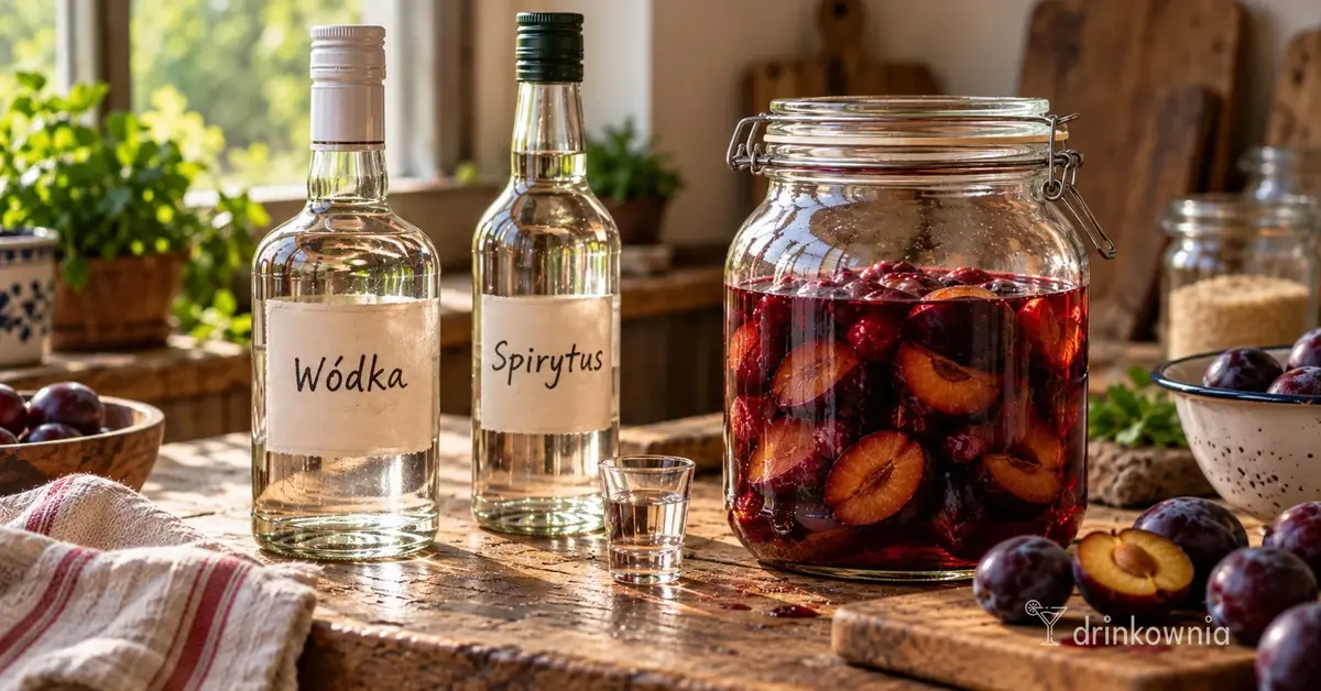 Wódka i spirytus obok słoja z owocową nalewką na drewnianym stole w domowej kuchni