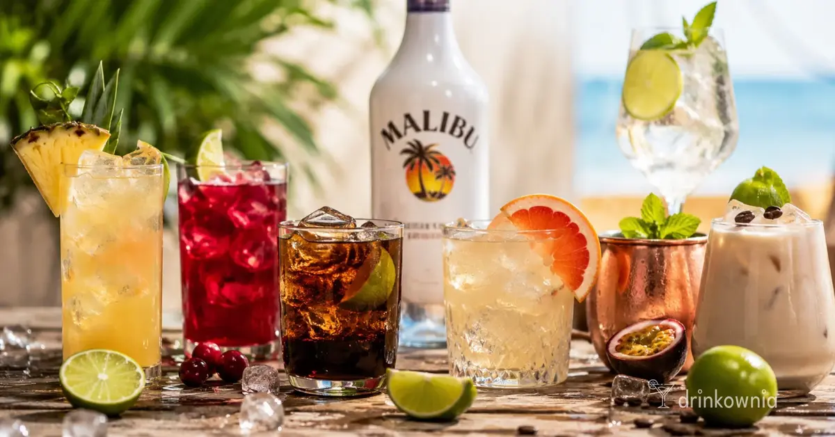 Kolorowe drinki z Malibu z cytrusami, ananasem, żurawiną, colą i kawą w tropikalnej aranżacji.