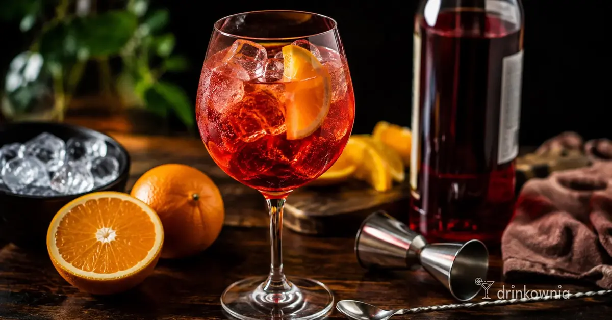 Czerwony drink z Campari, lodem i pomarańczą na ciemnym barowym blacie.