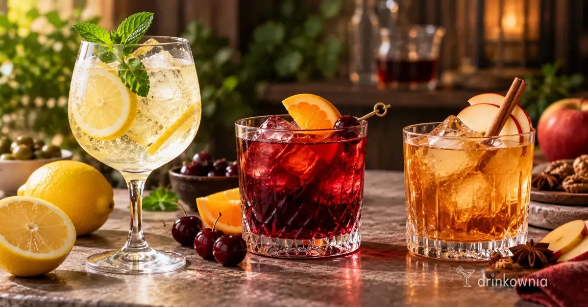 Trzy drinki z porto White, Ruby i Tawny z cytryną, pomarańczą i jabłkiem, podane z lodem.