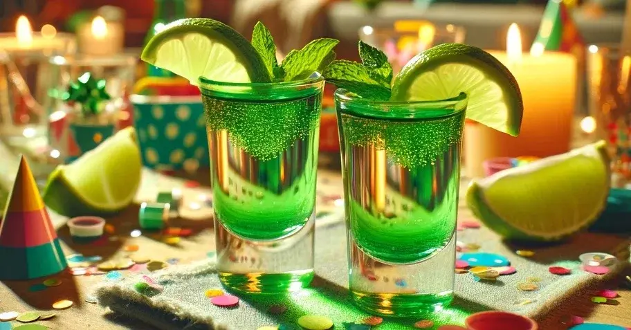 Zdjęcie prezentuje shot Zielona Wenus - z wódką, likierem Midori, limonką i miętą - w scenerii domowej imprezy.