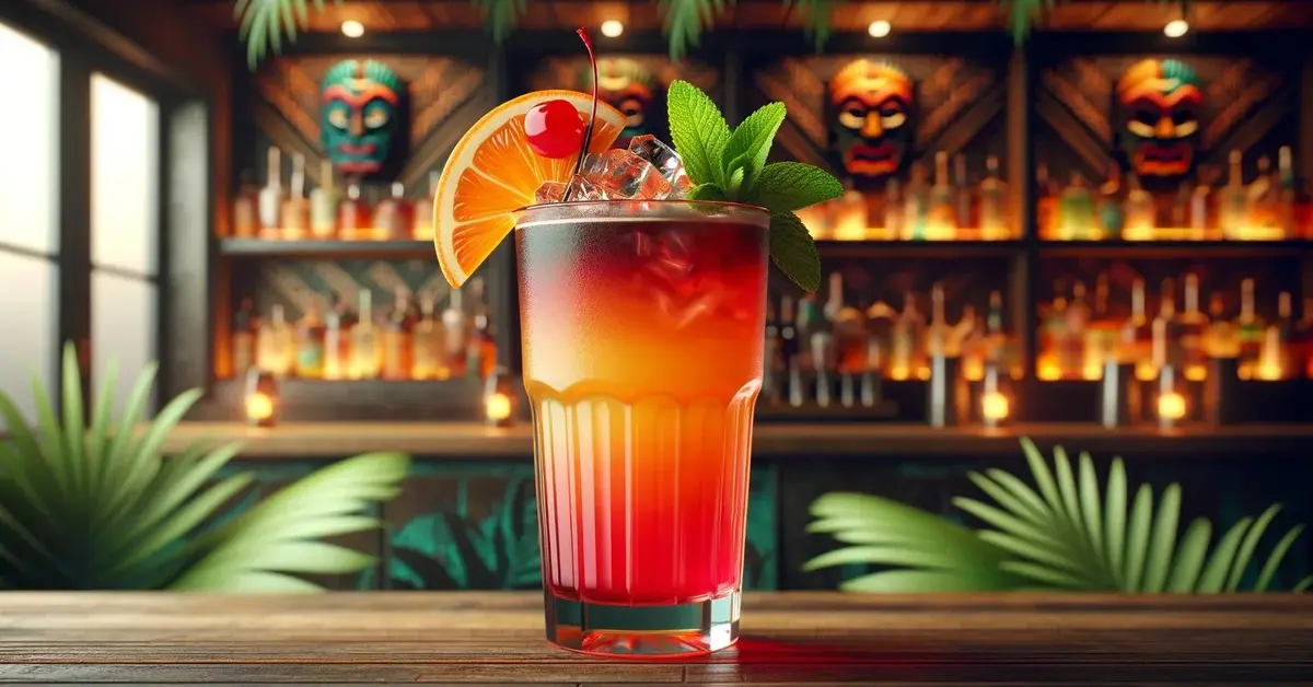 Zdjęcie przedstawia egzotyczny drink tiki - Zombie - dekorowany plastrem pomarańczy, miętą i wiśnią kandyzowaną.
