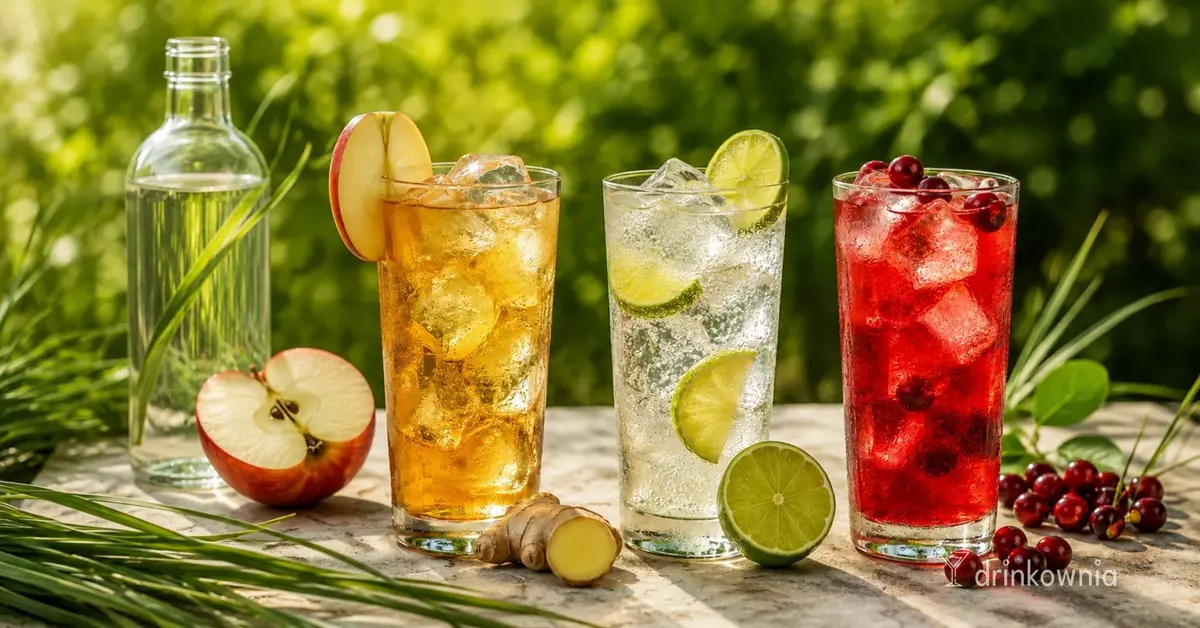 Trzy drinki z wódką z trawą żubrową, jabłkiem, limonką i żurawiną na zielonym tle