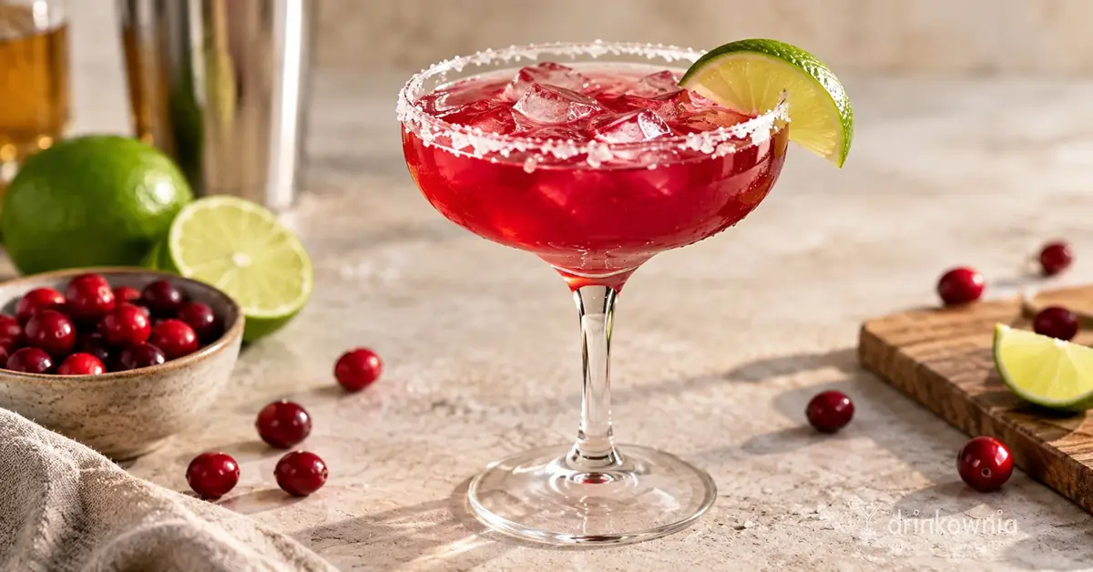 Żurawinowa Margarita w kieliszku coupe z limonką, na jasnym blacie obok świeżych żurawin.